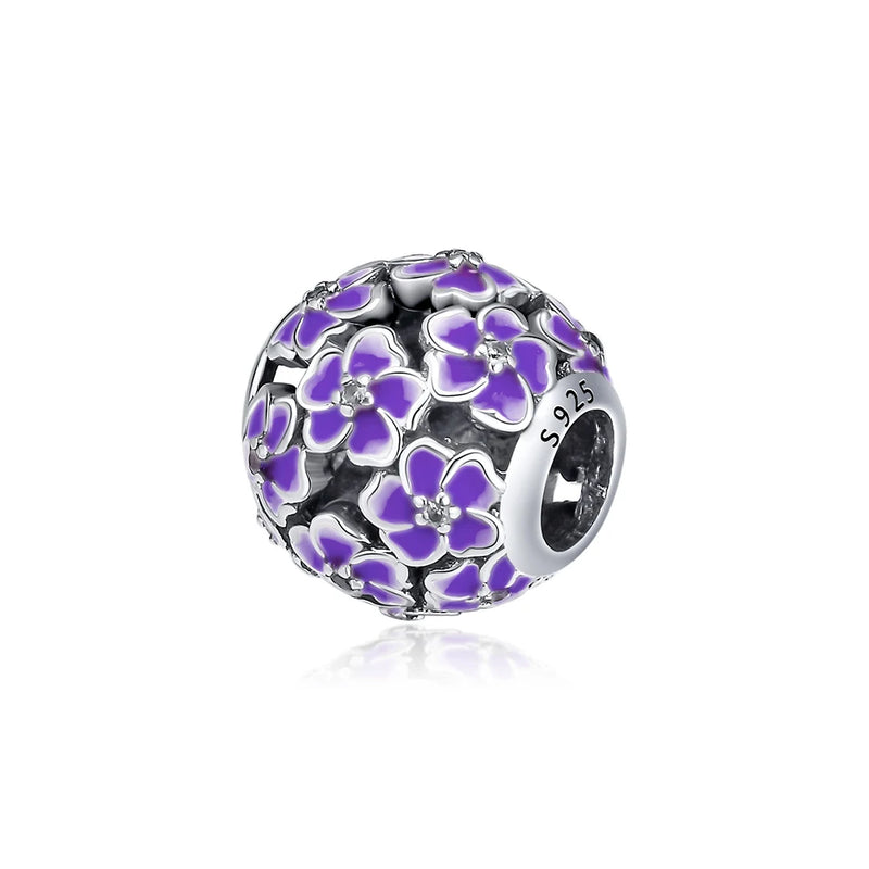 925 Silver Purple Flower Charms Bracelets Beads