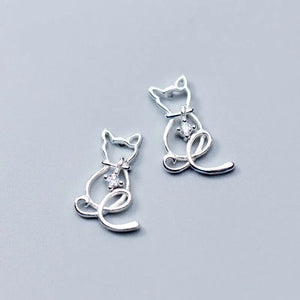 925 Silver Cat Stud Earrings Crystal Women Wedding Gift