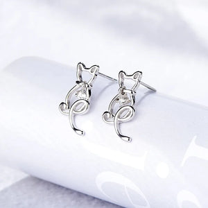 925 Silver Cat Stud Earrings Crystal Women Wedding Gift