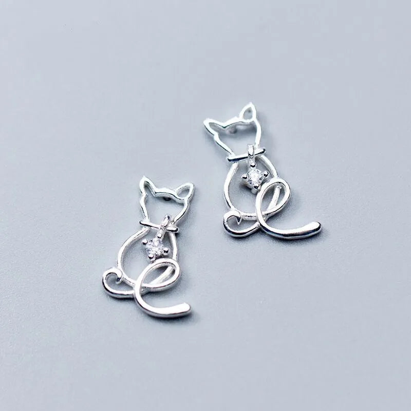 925 Silver Cat Stud Earrings Crystal Women Wedding Gift