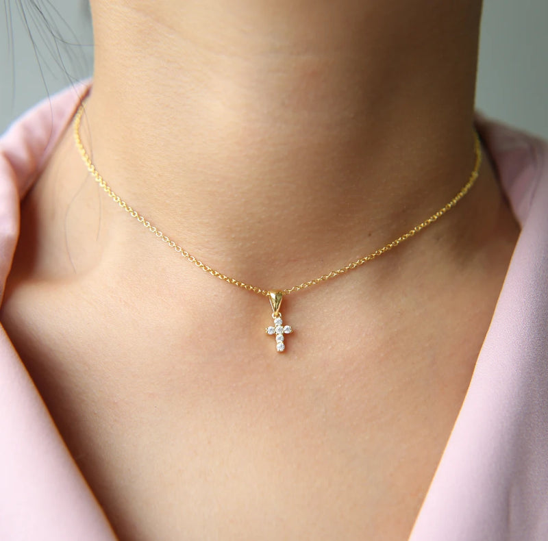 925 Silver Micro Pave CZ Tiny Cross Pendant Necklace for Women