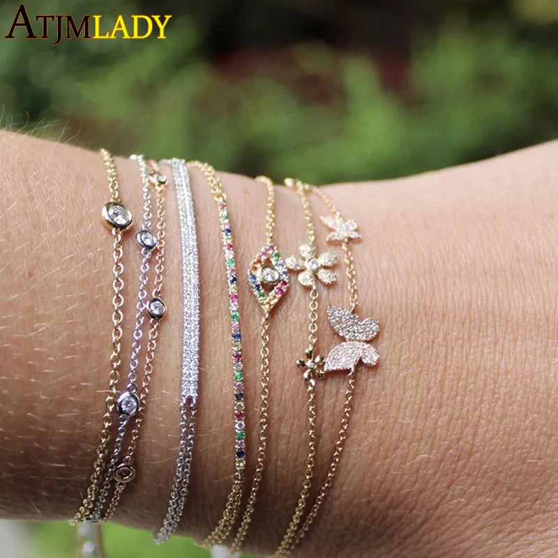 925 Silver Rainbow Bar Charm Link Chain Bracelet