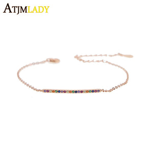 925 Silver Rainbow Bar Charm Link Chain Bracelet
