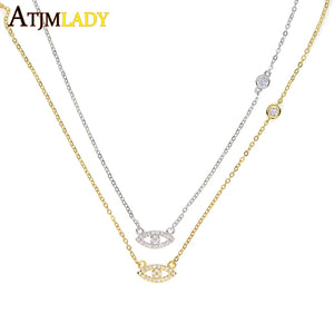 925 Silver CZ Link Chain Evil Eye Cross Necklace