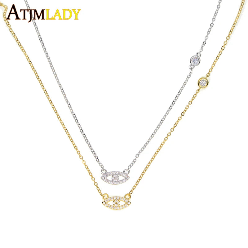 925 Silver CZ Link Chain Evil Eye Cross Necklace