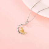 925 Silver Mother & Child Rabbit in Moon Pendant Necklace for Women