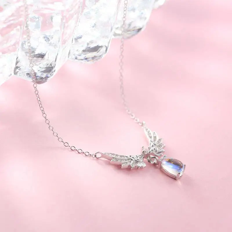925 Silver Necklace Angel Wing Moonstone CZ Chain Fine Jewelry