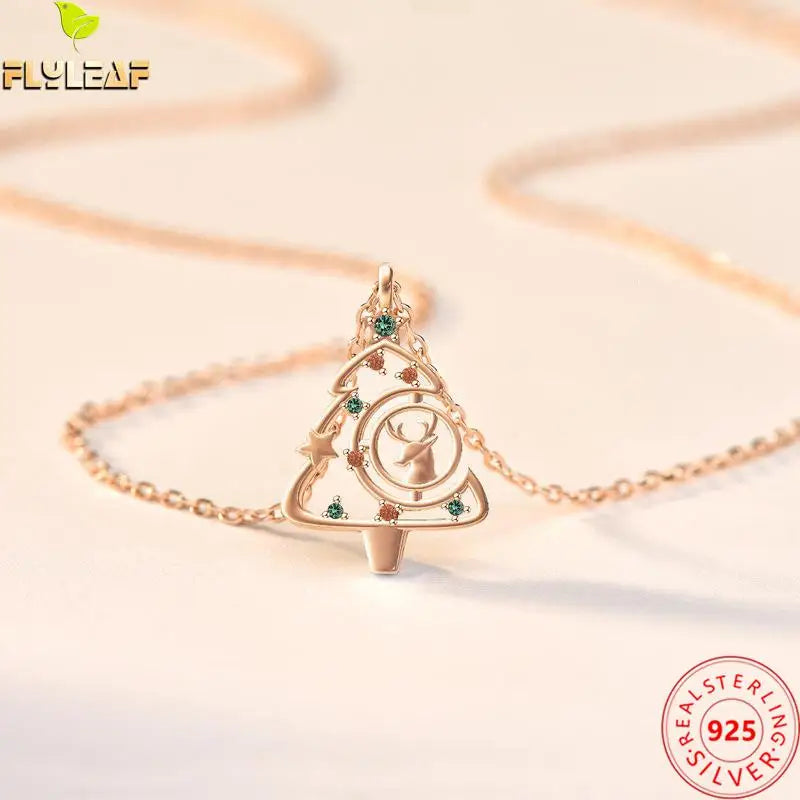 925 Sterling Silver Necklace For Women Elk Christmas Tree Necklaces & Pendants