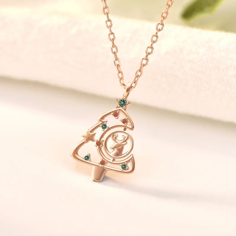 925 Sterling Silver Necklace For Women Elk Christmas Tree Necklaces & Pendants