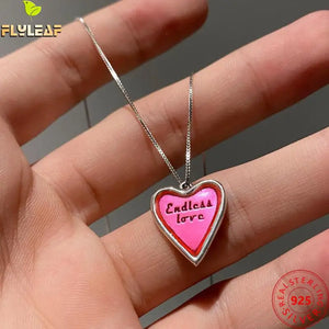 925 Silver Necklace Love Letter Pink Heart Pendant Chain Jewelry
