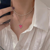 925 Silver Necklace Love Letter Pink Heart Pendant Chain Jewelry