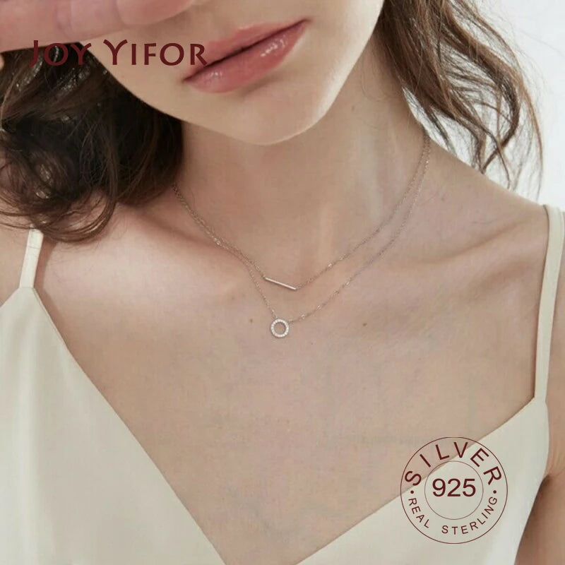 925 Silver Women's CZ Necklace Double Layered Long Chain Bohemian Jewelry
