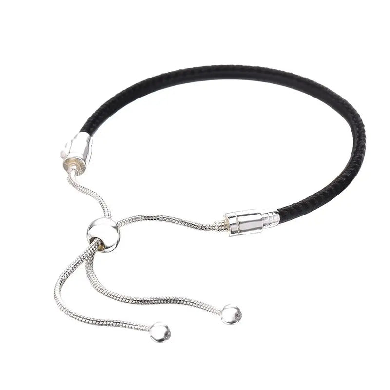 925 Sterling Silver Charms Leather Slider Bracelet