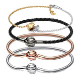 925 Sterling Silver Logo Charm Bracelet Ginkgo Tree Wave Leather Rope Chain
