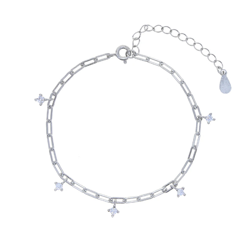 925 Silver Paper Clip Chain Bracelet with CZ Stones