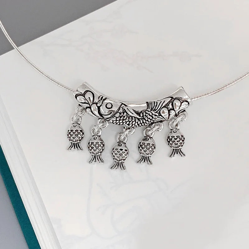 925 Silver Pendant Vintage Ethnic Fish Elbow Tassel Necklace