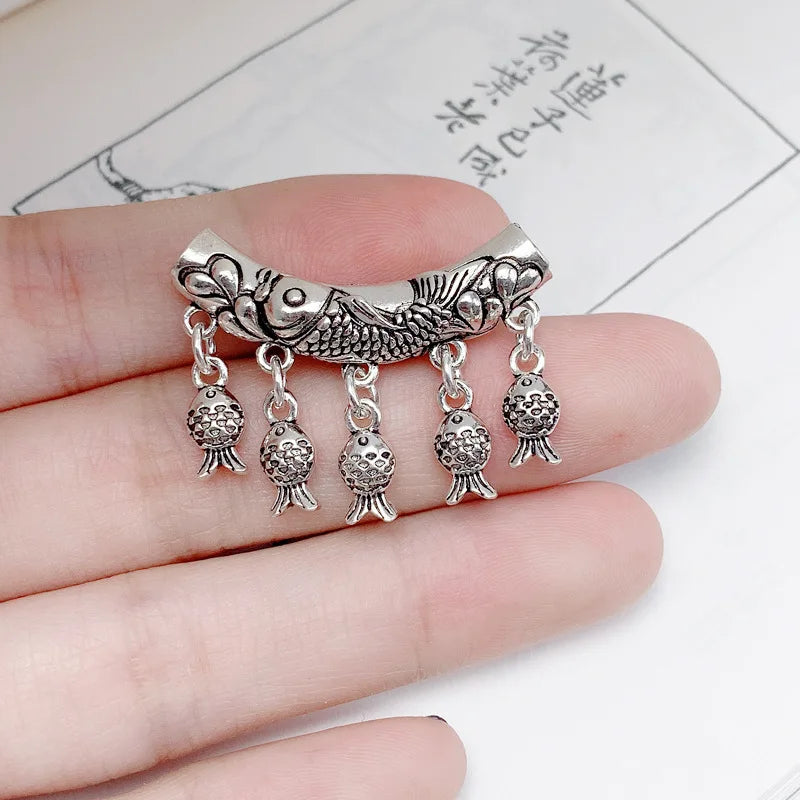 925 Silver Pendant Vintage Ethnic Fish Elbow Tassel Necklace