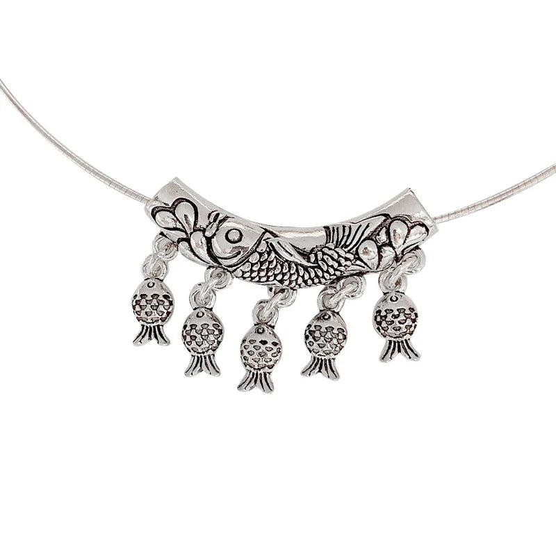 925 Silver Pendant Vintage Ethnic Fish Elbow Tassel Necklace