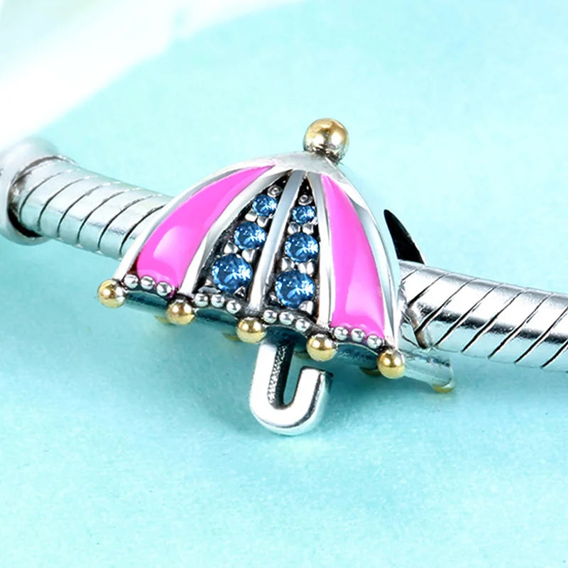 925 Silver Pink Enamel Umbrella Charm Zircon Beads European Bracelet Women Gift