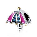 925 Silver Pink Enamel Umbrella Charm Zircon Beads European Bracelet Women Gift