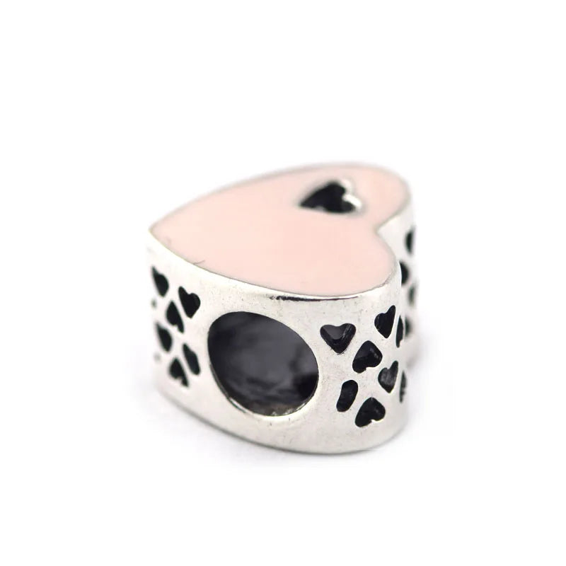 925 Silver Pink Heart Enamel Beads for European Bracelet DIY