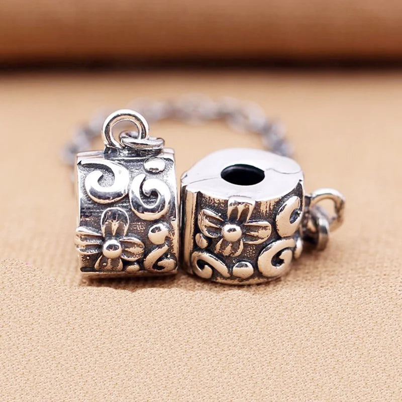 925 Silver Flowers Safety Chain Stopper Charm Bracelet Jewelry