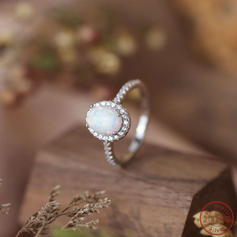 925 Silver Ring Oval Opal with Cubic Zircon Women's Ring