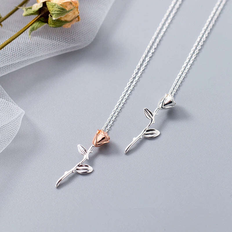 925 Silver Rose Flower Pendant Short Chain Necklace Women Charm Jewelry
