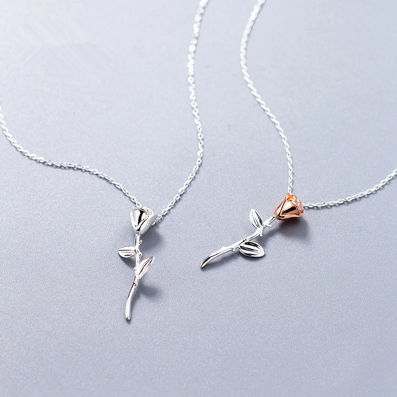 925 Silver Rose Flower Pendant Short Chain Necklace Women Charm Jewelry
