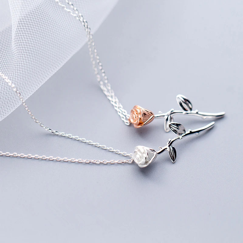 925 Silver Rose Flower Pendant Short Chain Necklace Women Charm Jewelry