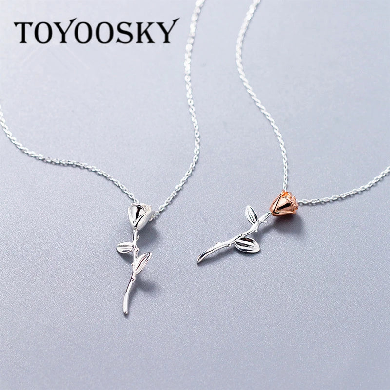 925 Silver Rose Flower Pendant Short Chain Necklace Women Charm Jewelry