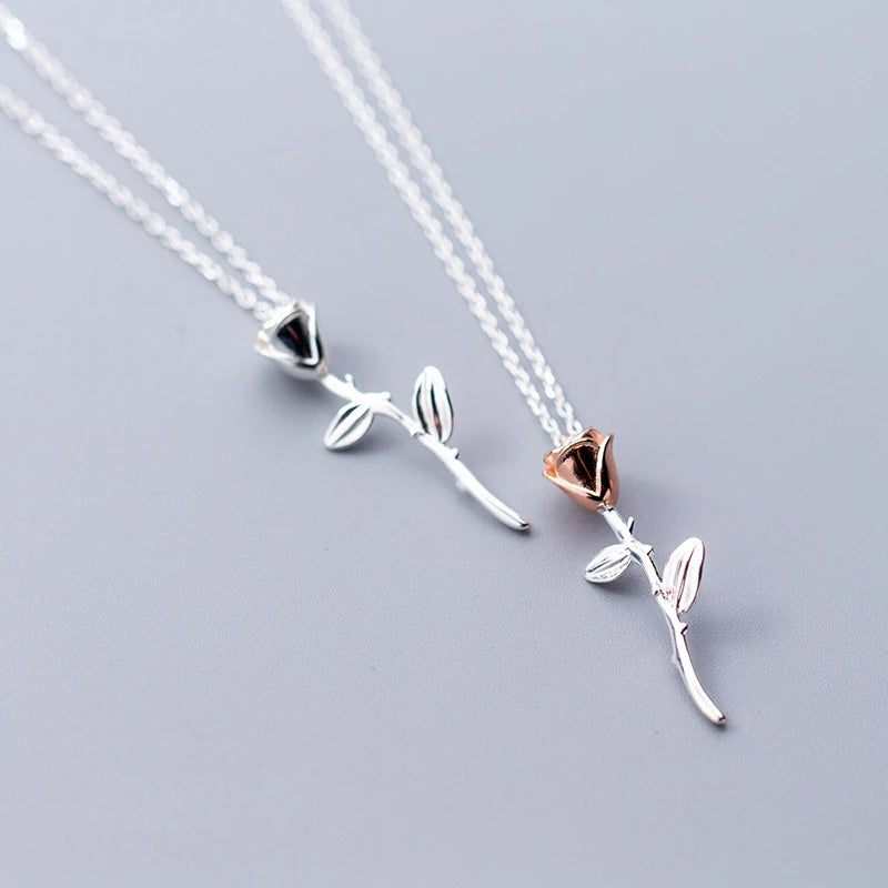 925 Silver Rose Flower Pendant Short Chain Necklace Women Charm Jewelry
