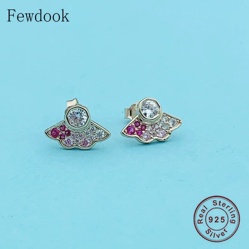 925 Silver Rose Fans CZ Stud Earrings for Girls Kid Baby