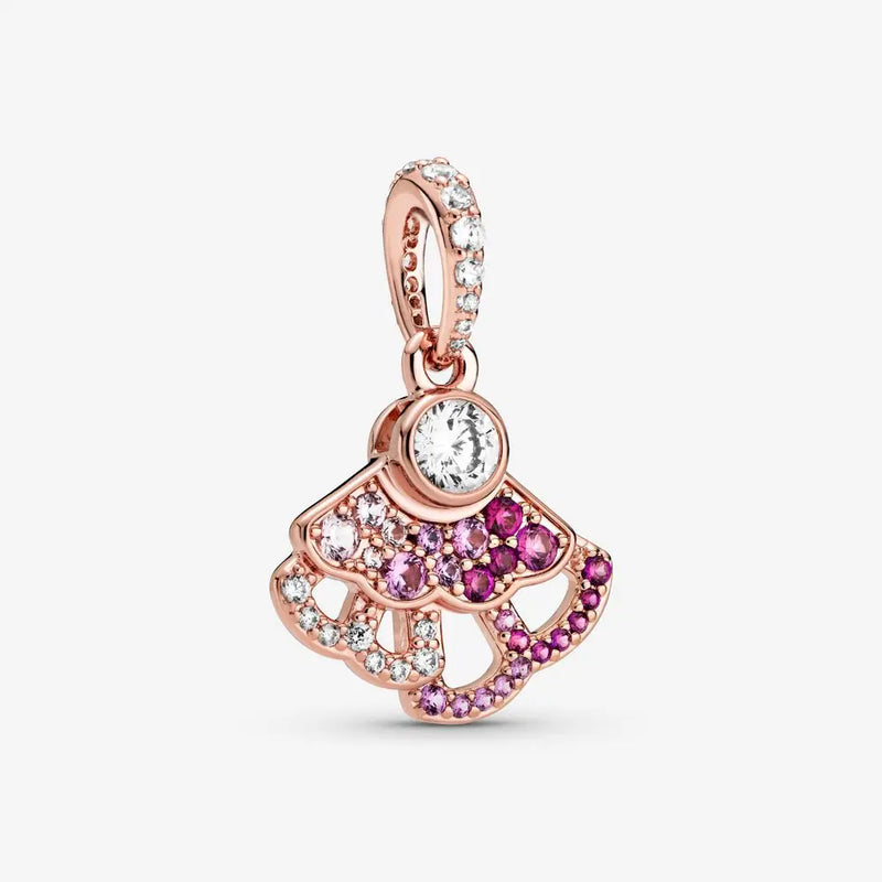 925 Silver Pink Fan Dangle Charm Crystal Beads for Bracelet