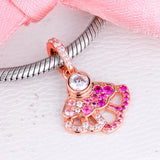 925 Silver Pink Fan Dangle Charm Crystal Beads for Bracelet
