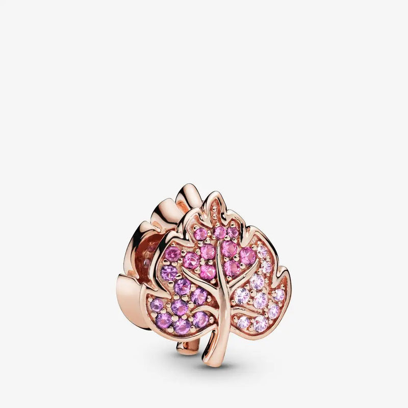 925 Sterling Silver Rose Pave Leaf Charm for Bracelet DIY Jewelry