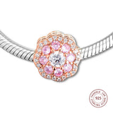925 Sterling Silver Pink Flower Charms for Bracelet Beads