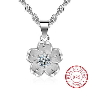 925 Silver Crystal Cherry Blossoms Flower Pendant Necklace