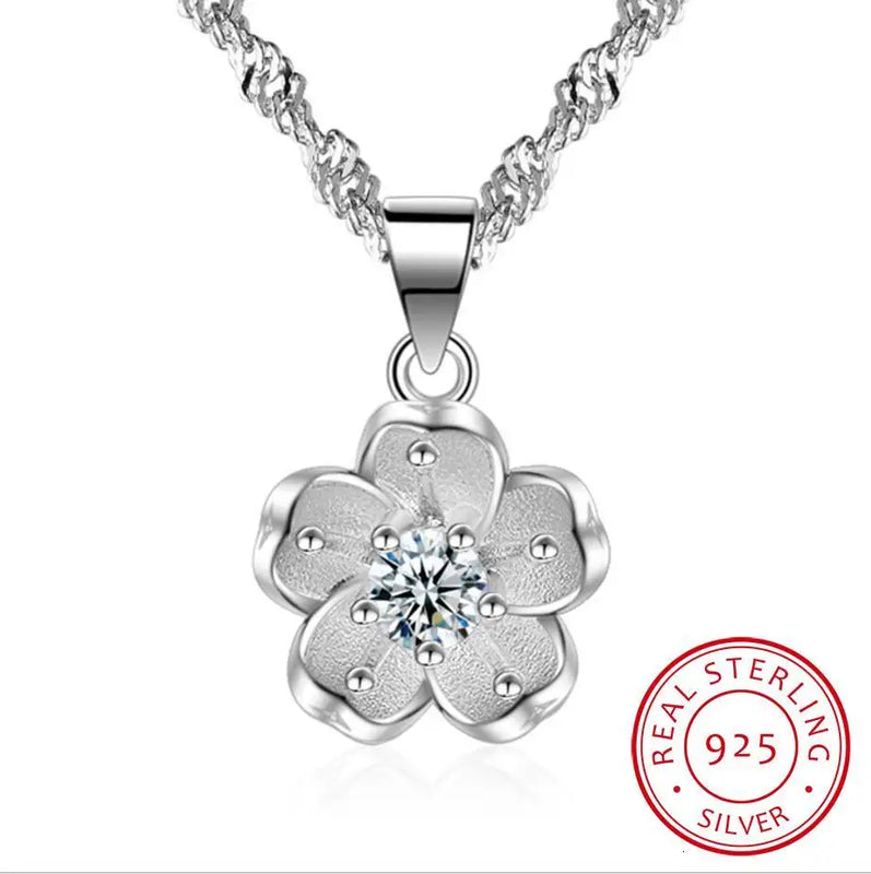 925 Silver Crystal Cherry Blossoms Flower Pendant Necklace
