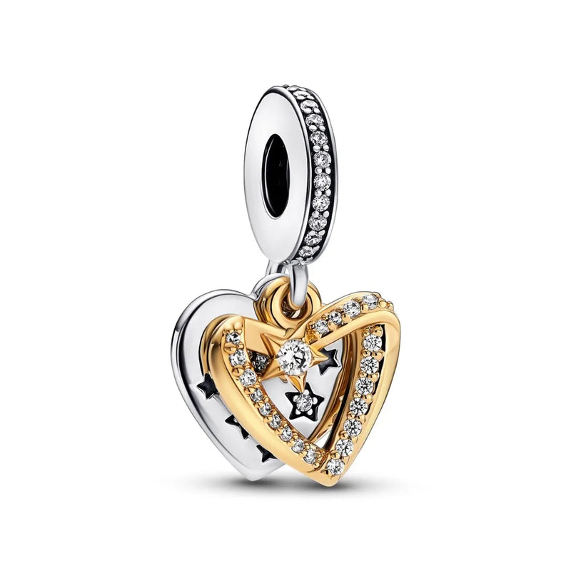 925 Sterling Silver Shooting Star Hearts Double Beads Bracelet Crystal Charms