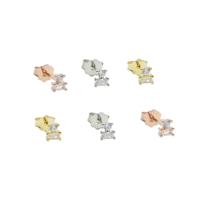 925 Silver Zircon Stud Earring Geometric Mini Square Charm