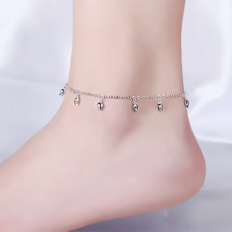 925 Sterling Silver Snake Chain Pearls Anklet for Women