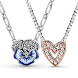 925 Silver Heart Pansy Flower Pendant Necklace