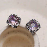 925 Silver Stud Earrings Colorful Crystal Square Gems Fine Jewelry