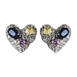 925 Silver Stud Earrings Colorful Crystal Heart Fine Jewelry