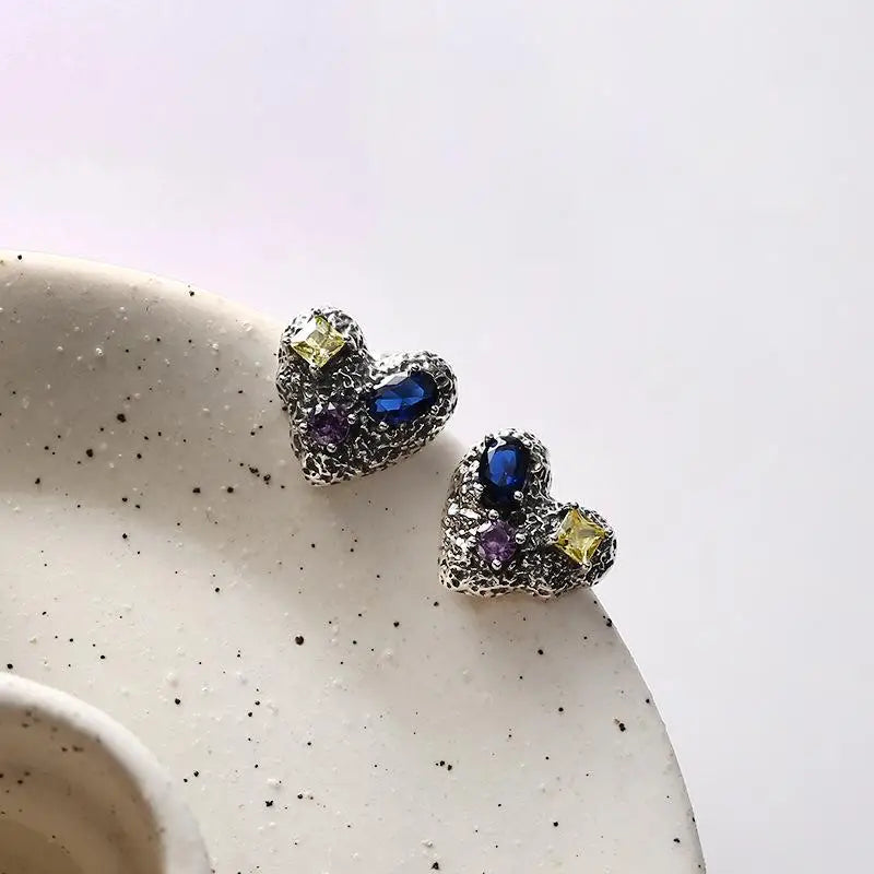 925 Silver Stud Earrings Colorful Crystal Heart Fine Jewelry