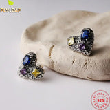 925 Silver Stud Earrings Colorful Crystal Heart Fine Jewelry