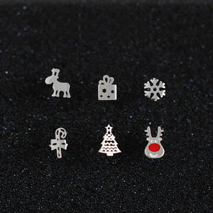 925 Silver Stud Earrings Women Fawn Snowflake Christmas Tree Jewelry