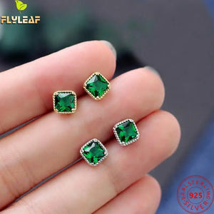925 Silver Square Green Zircon Stud Earrings Women's Fine Jewelry