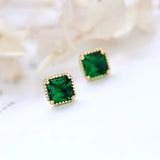 925 Silver Square Green Zircon Stud Earrings Women's Fine Jewelry